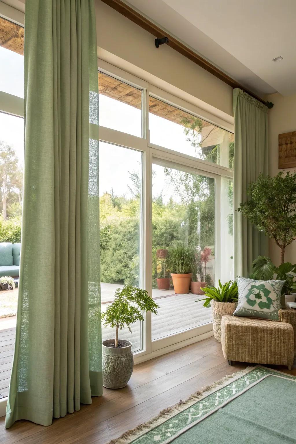 Green-conscious home with eco-friendly fabric treatments on a picture window.