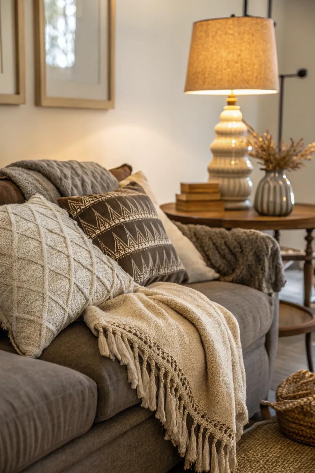 A sofa adorned with layered throws and cushions, creating an ultra-cozy spot.