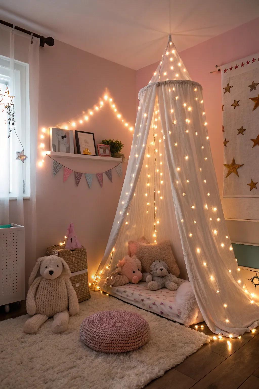 Fairy lights craft a cozy and magical ambiance.