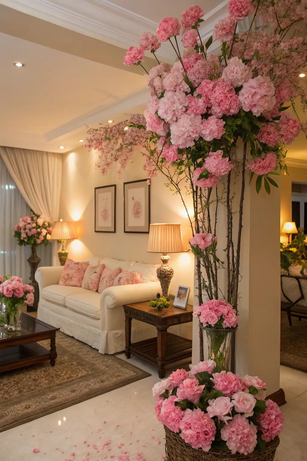 Pink flowers add color and life to the living room.