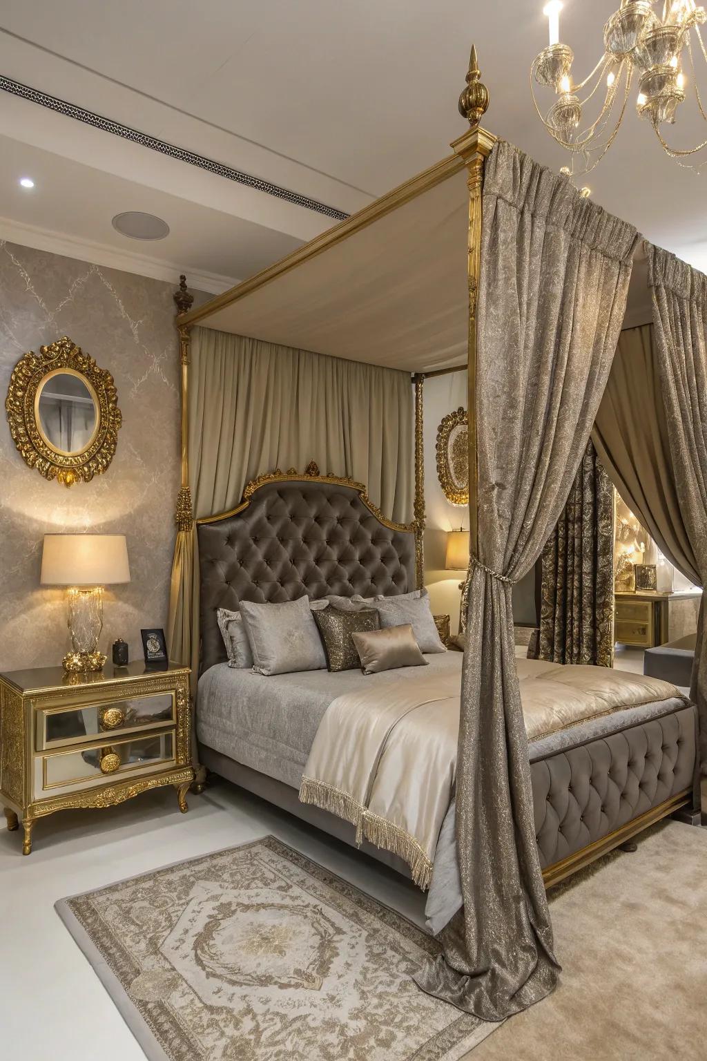 Glamorous touches elevate the plushness of a bedroom.