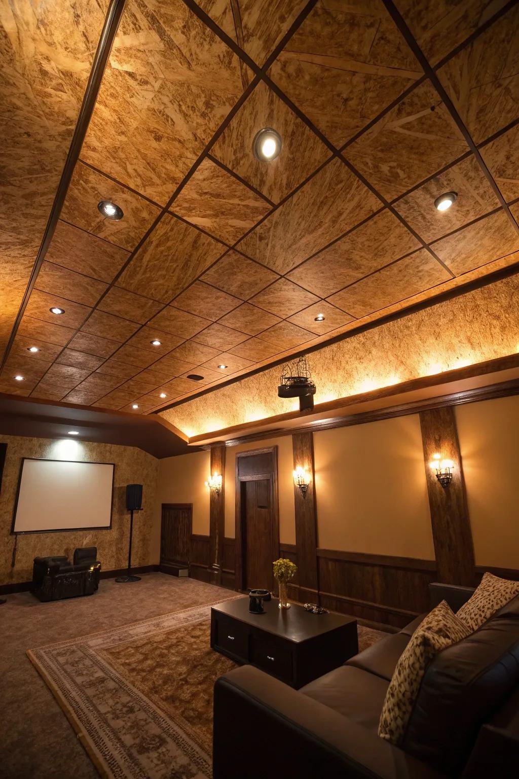 A room in which accent lighting transforms a plywood ceiling into a magical feature.