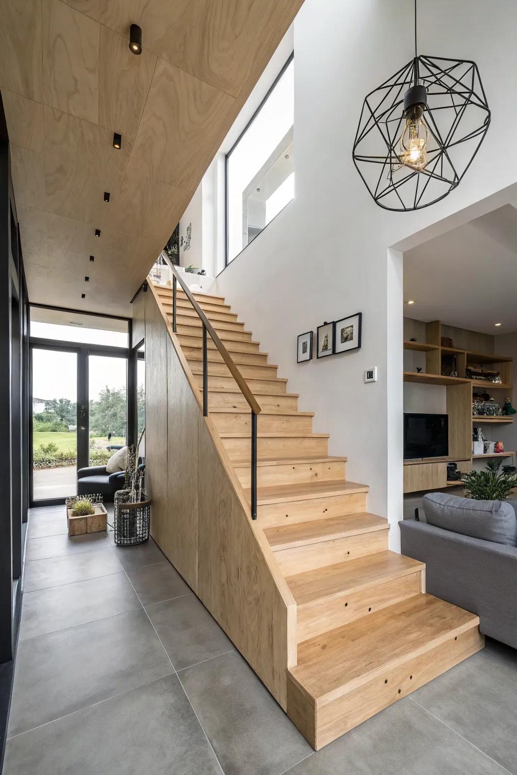 Laminated wood stairs make a bold statement in this stylish home.