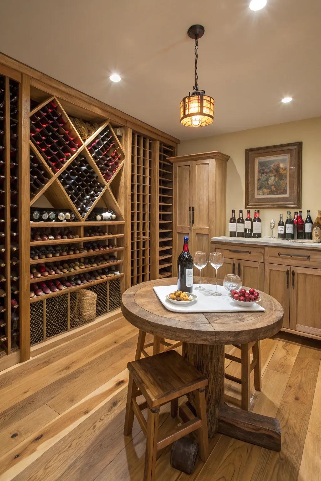 A vino storage within a pole barn equipped with vino racks and a tasting table.