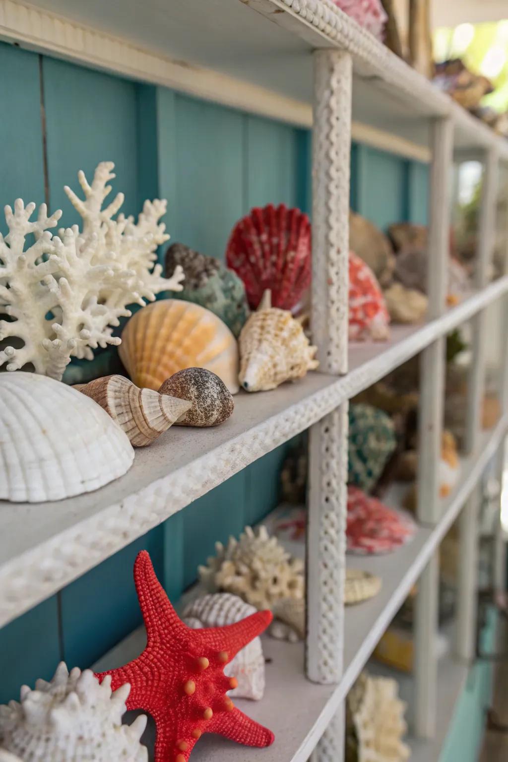 Seashell and coral decorations create a coastal feel.