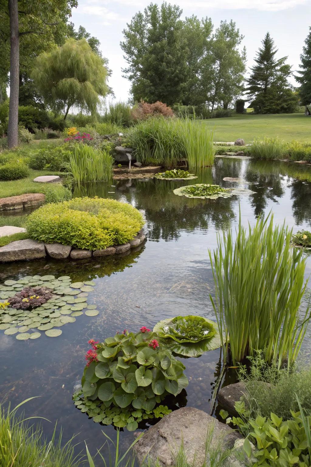Floating plant patches introduce dynamic interest to a backyard pond.