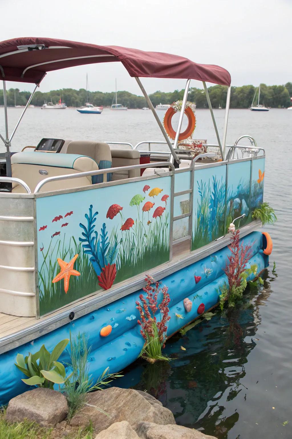 Under the sea-themed pontoon with vibrant marine decorations.