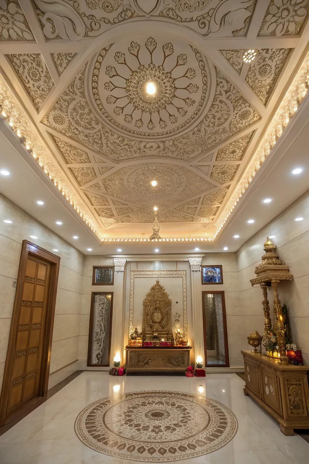 Intricate ceiling details help to elevate the aesthetic within this pooja room.