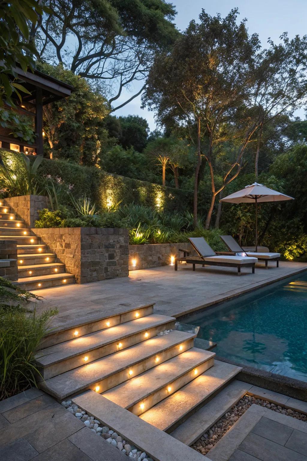 Concealed stair lighting improves safety and aesthetics.