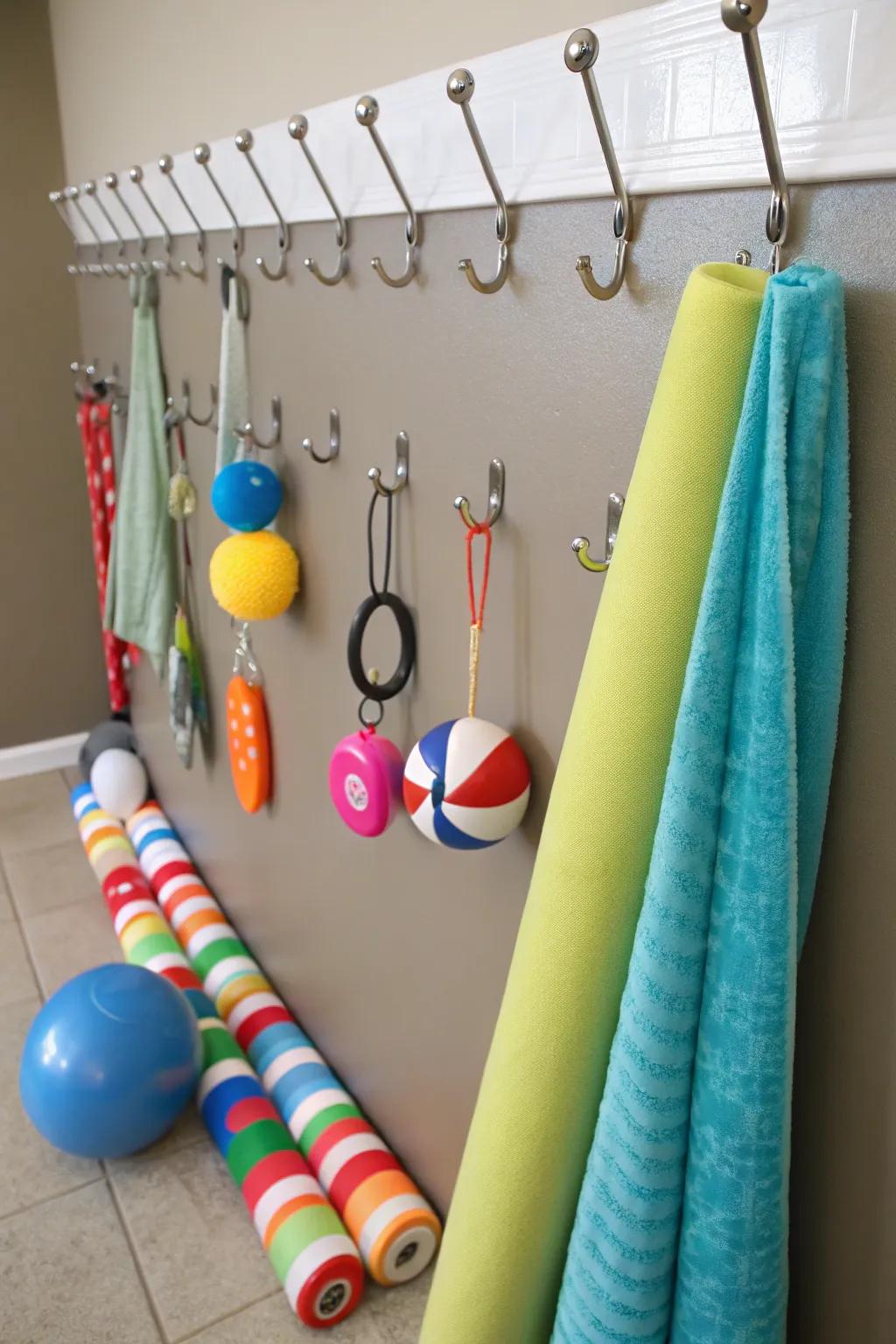 Command hooks affording adaptable and temporary pool float storage.