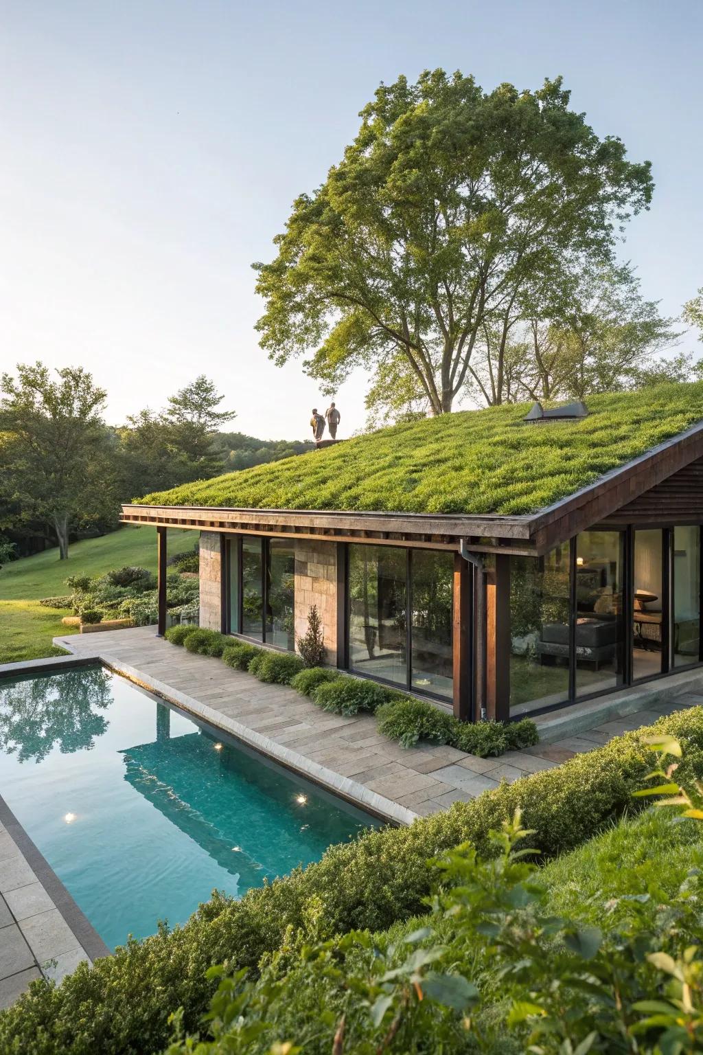 A pool house featuring a sustainable green roof.