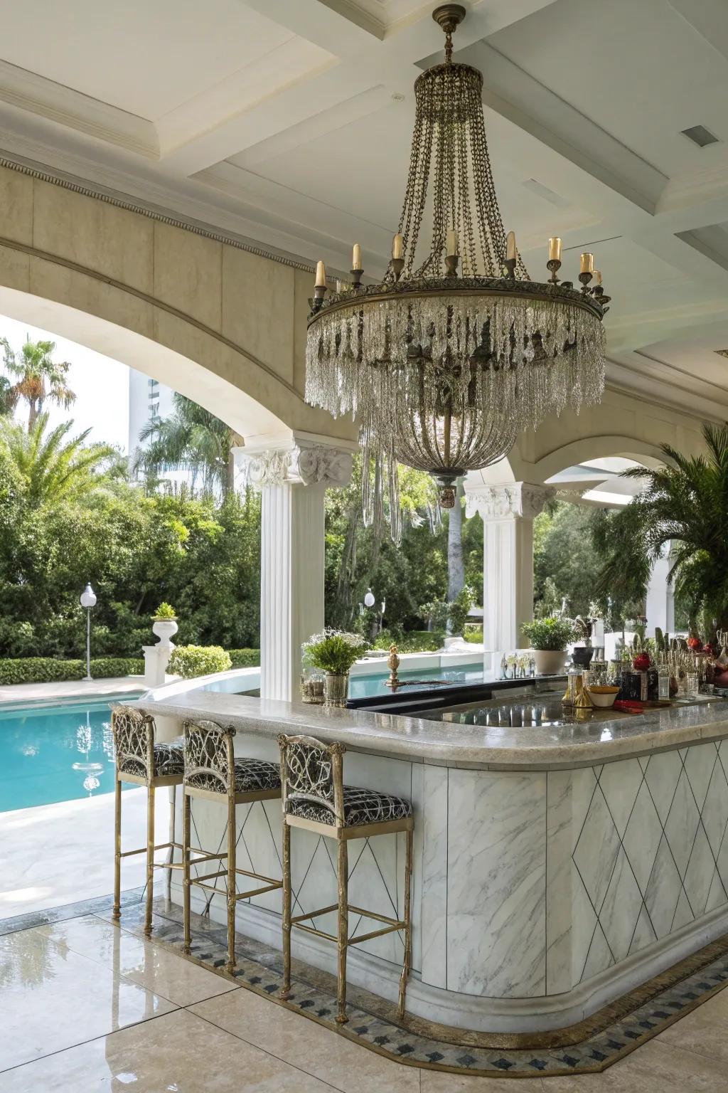 A marble bar with a lighting fixture adds sophistication to your outdoor space.