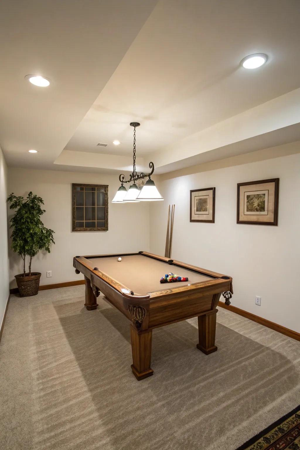 Minimalist embellishments secure a pristine and elegant appearance within a smaller billiard table room.