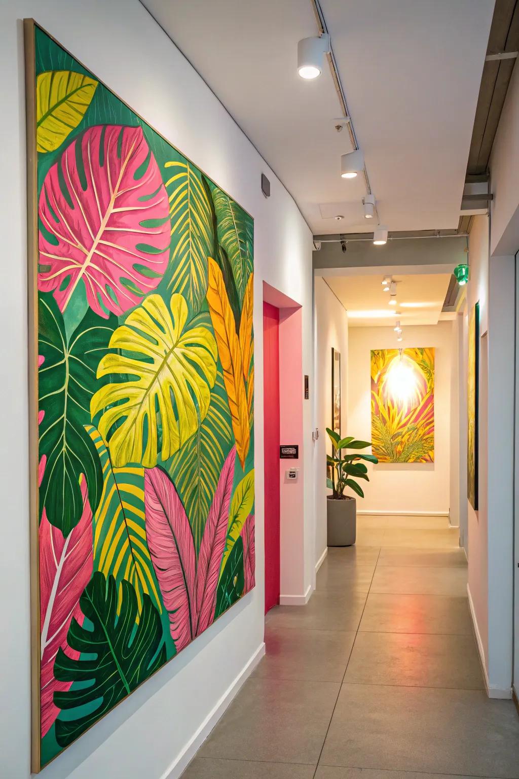 A fresh pop art painting of tropical leaves enlivens the hallway.