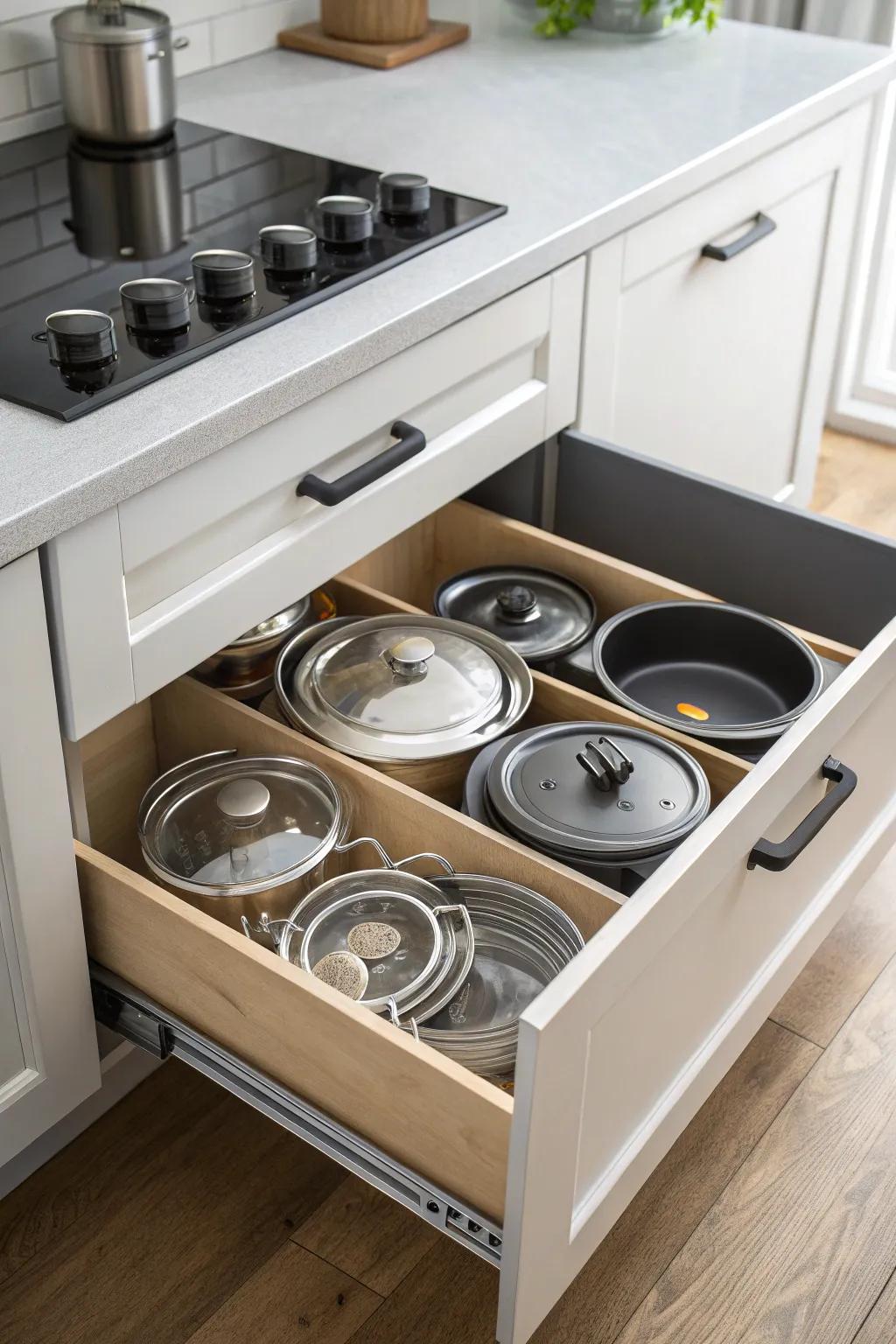 A special drawer keeps pot lids organized and hidden.