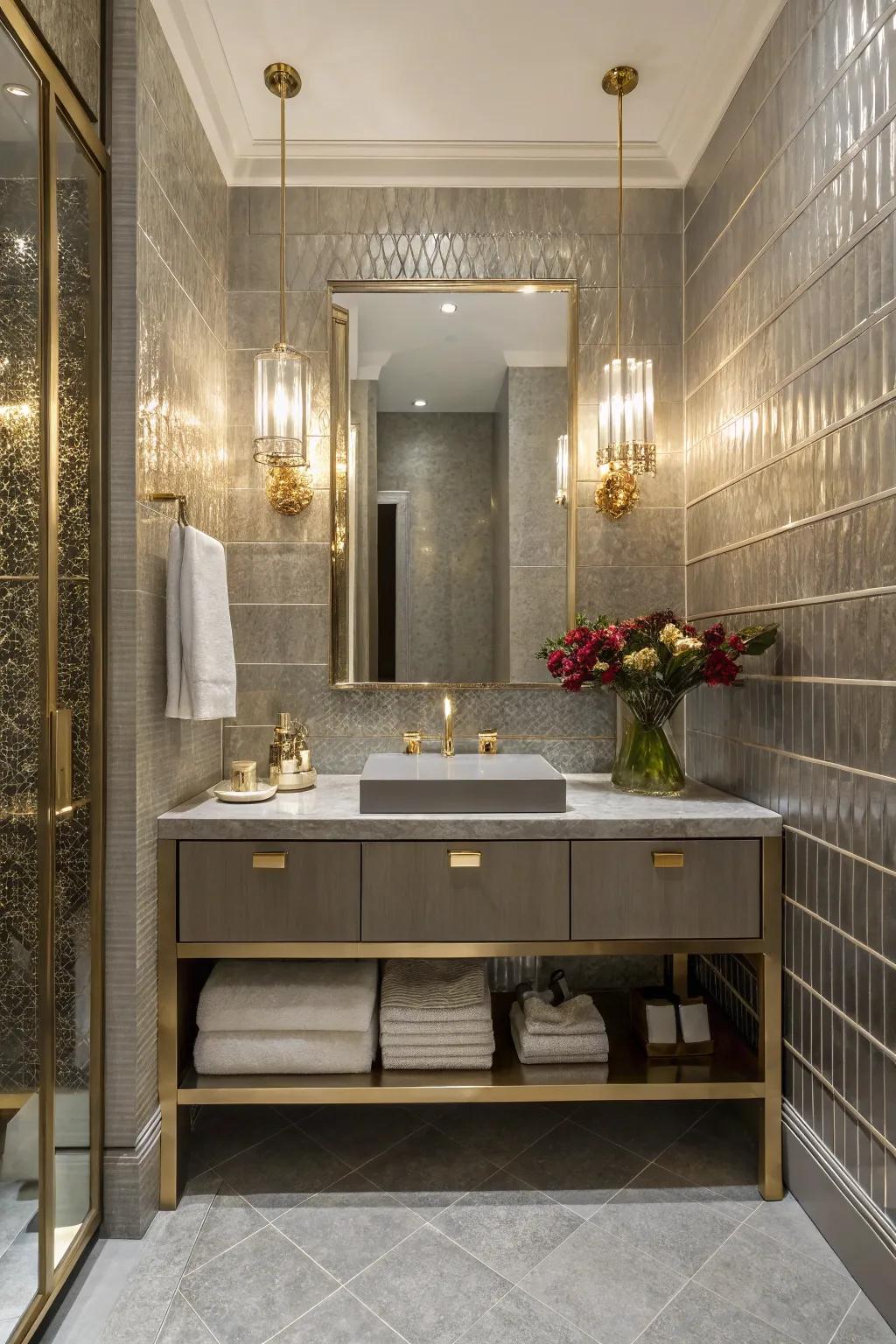 Metallic tiling adds a touch of glamor and surprise.