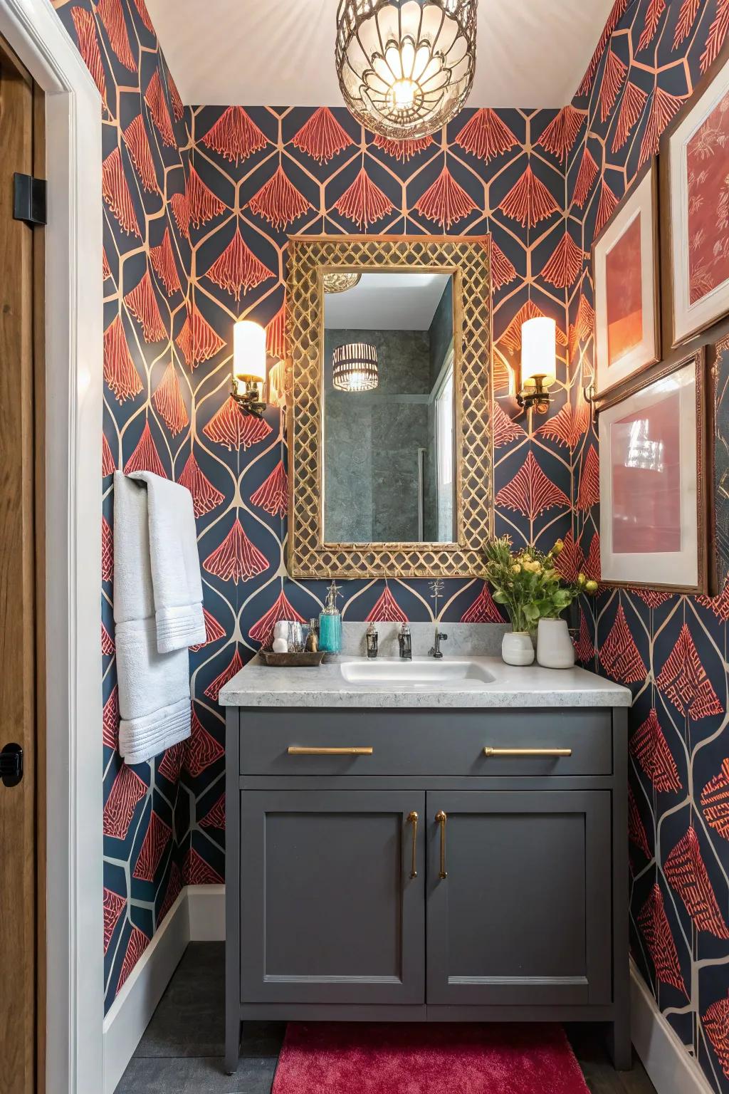 Offbeat Color Schemes create a dynamic and memorable guest bathroom.