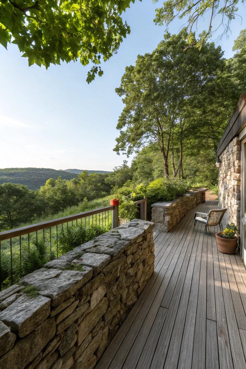 A rustic stone partition infuses solitude and charm into a deck.