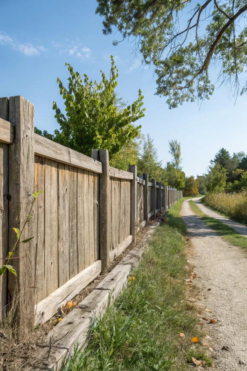 Reclaimed wood creating a character-rich and eco-friendly property boundary.