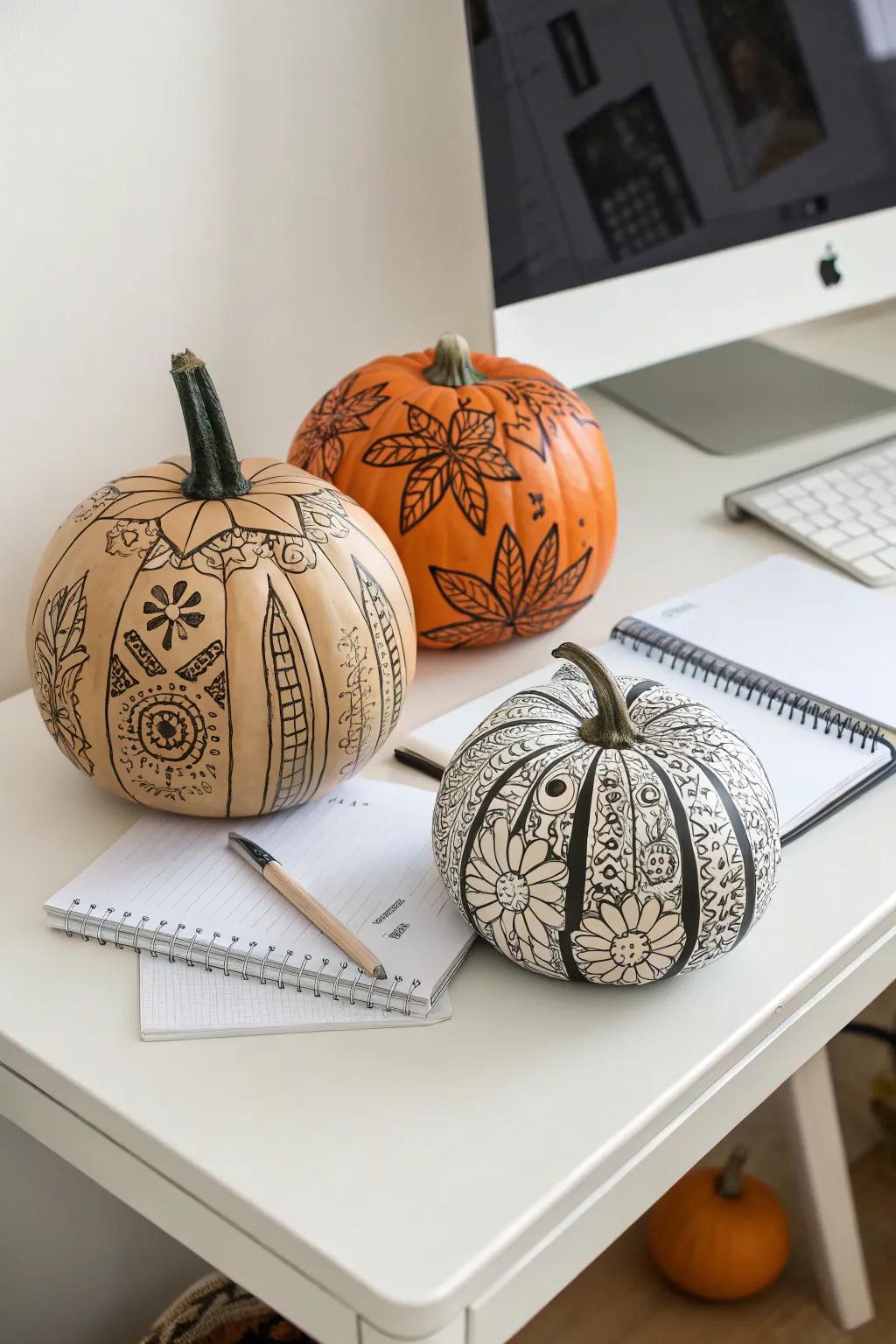 Create detailed designs easily with marker art pumpkins.