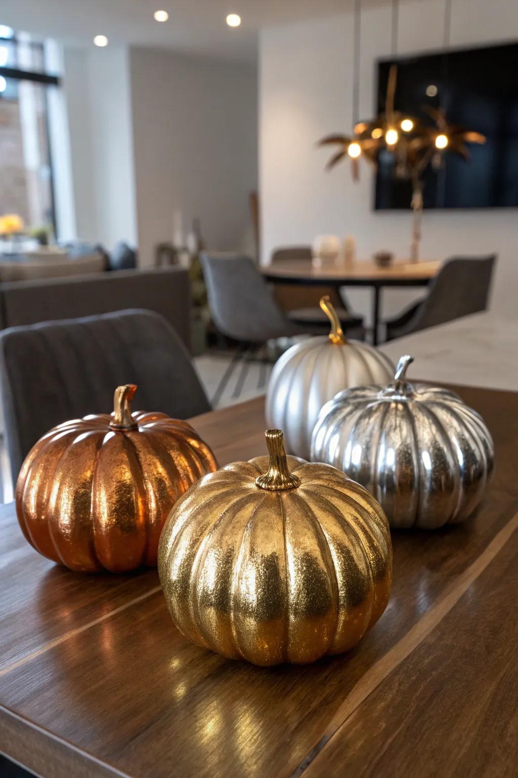 Reflective metallic pumpkins for a showy touch.