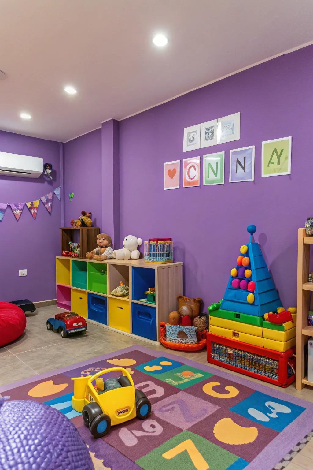 A vibrant play center energized by bright purple walls.
