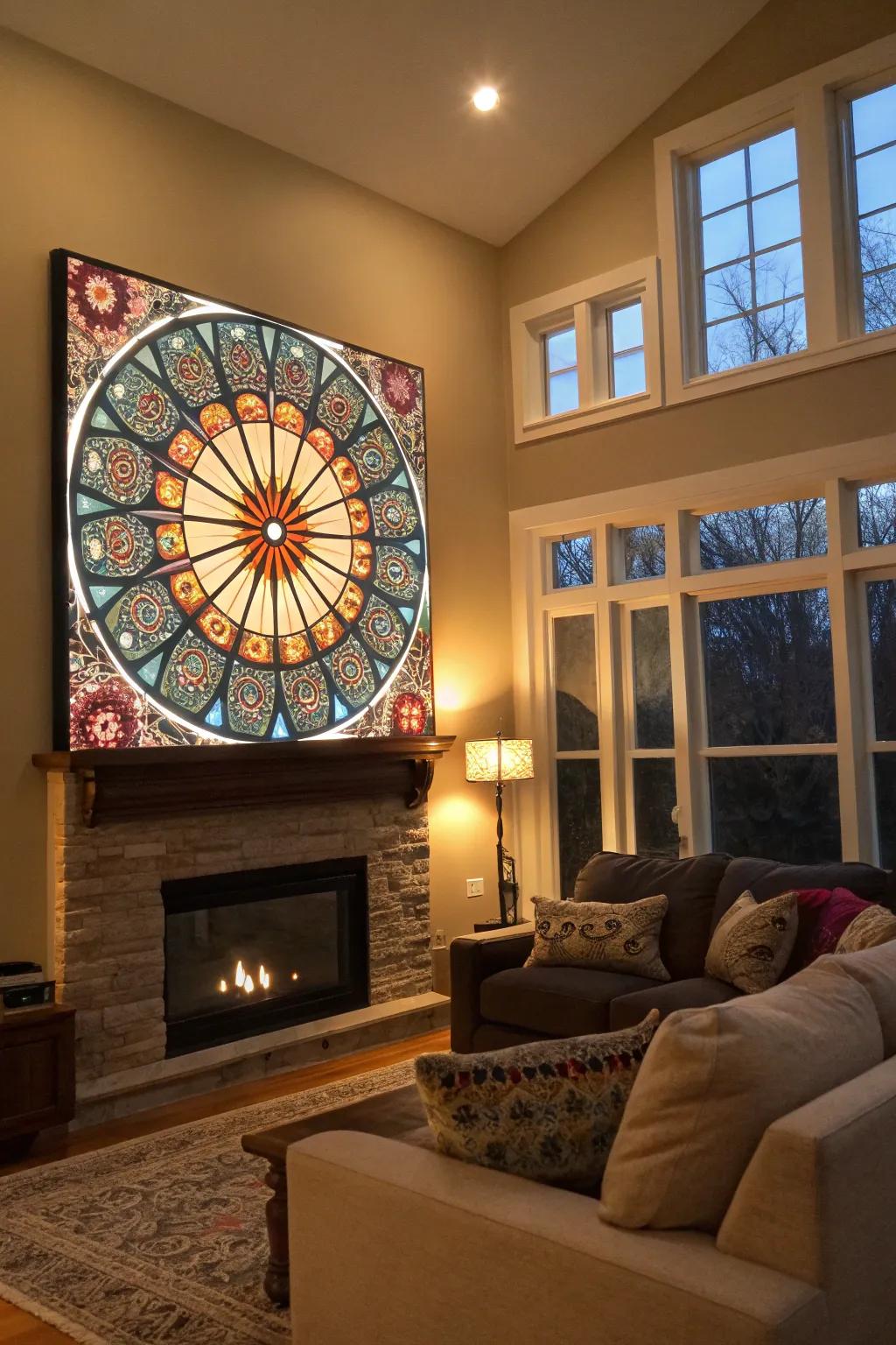 A living room featuring an interactive radial art piece on the wall.