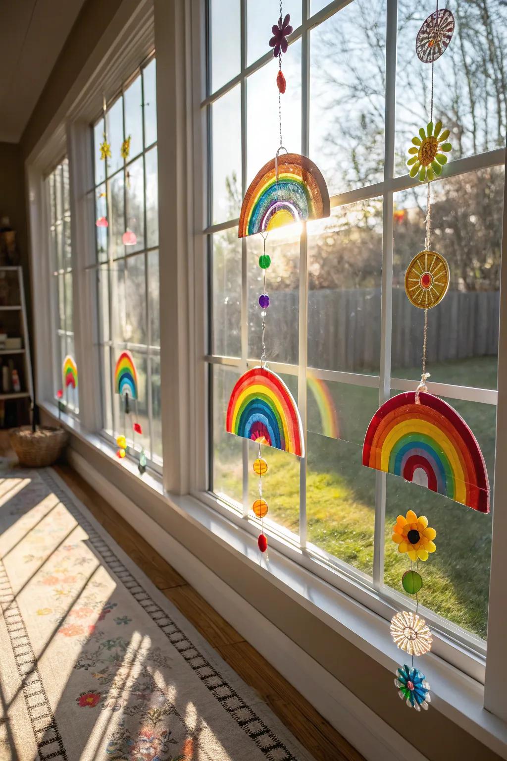 Rainbow sun catchers bringing magic to a sunny room.