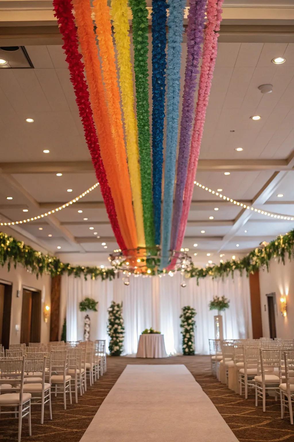 A wedding venue decorated with suspending rainbow festoons.