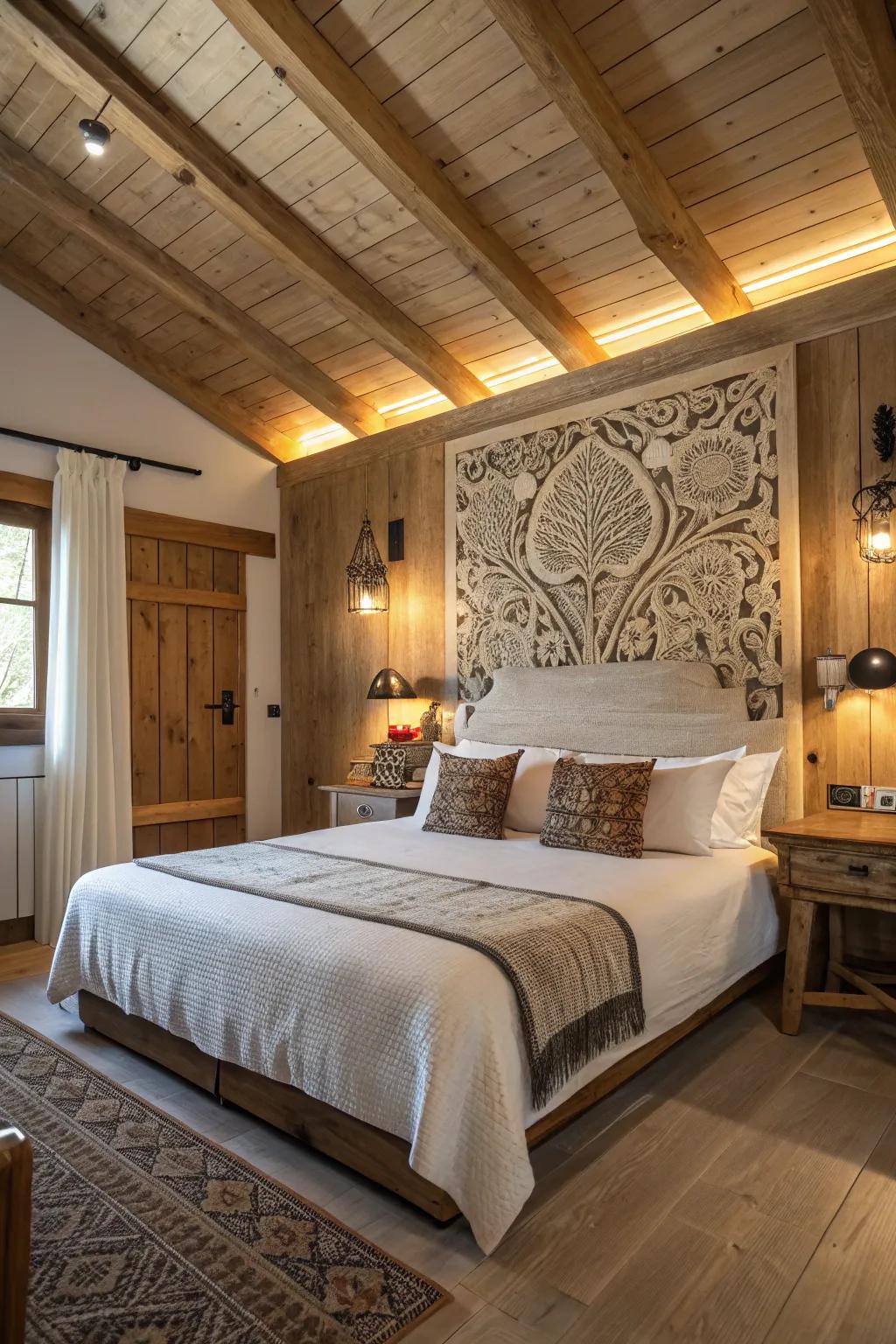 A country bedroom featuring a large statement headboard.