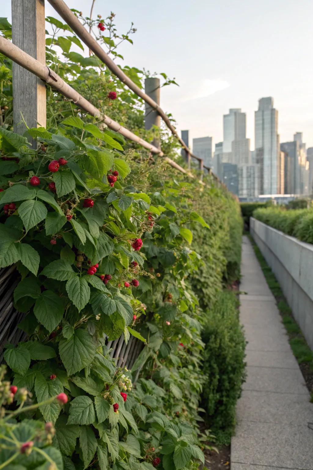 A vertical garden trellis transforms raspberries into an upright verdant feature.