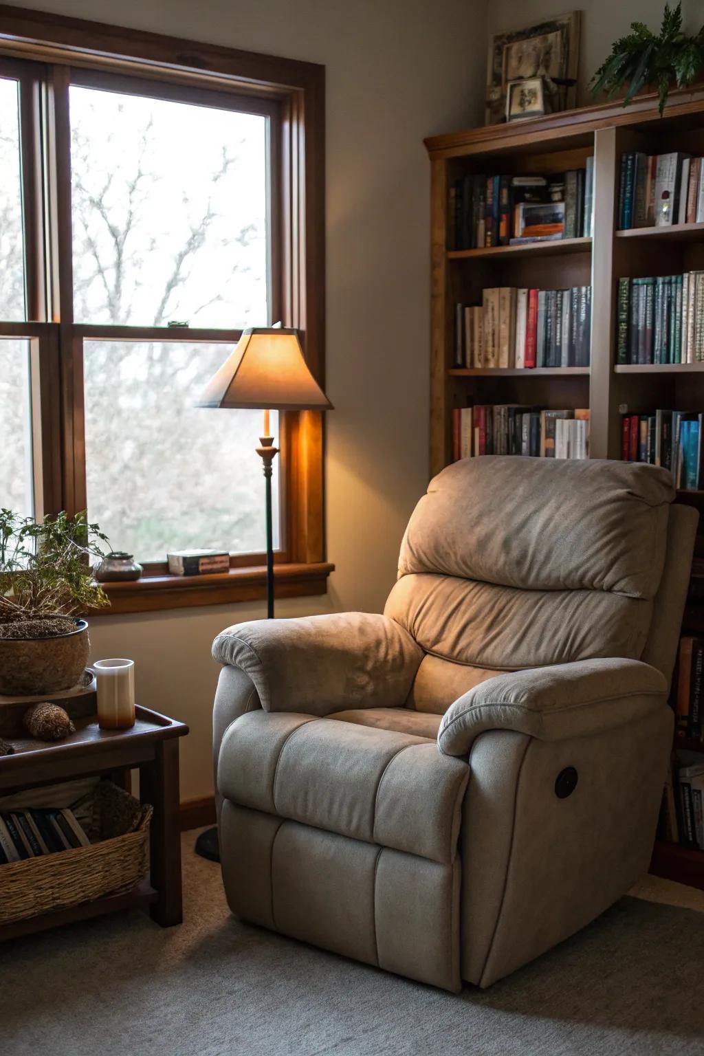 A cozy reading space with a recliner sofa and a well-stocked bookcase.