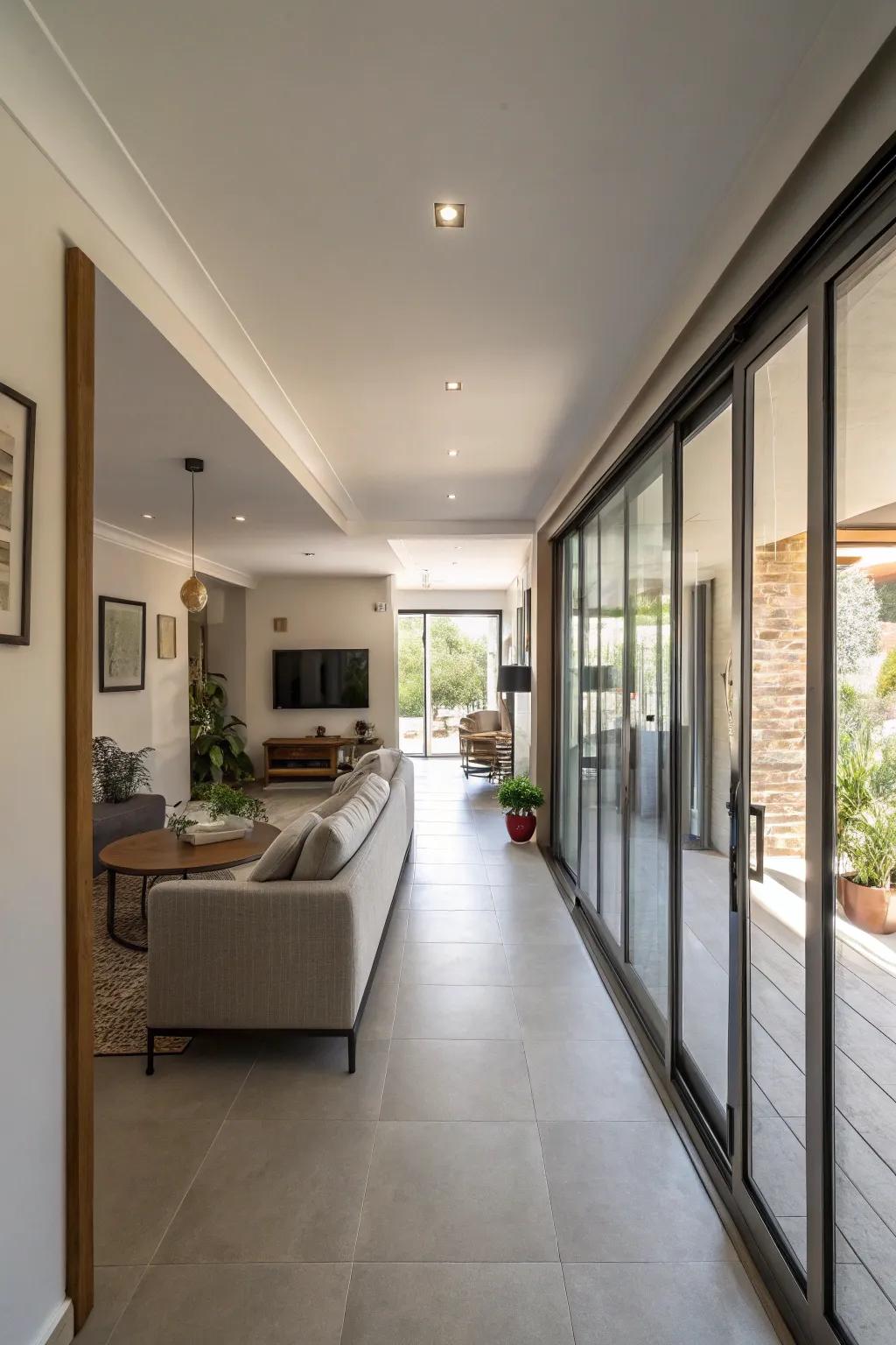 Sliding doors save area and improve flexibility in slim layouts.