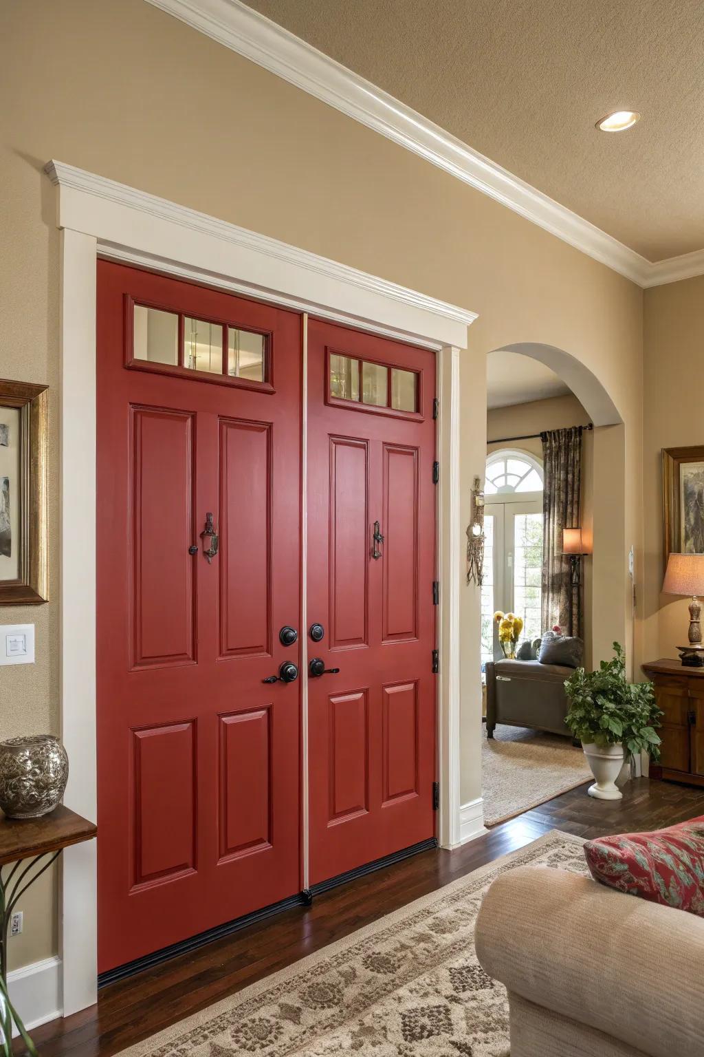 Rouge painted doors add a subtle yet impactful statement.