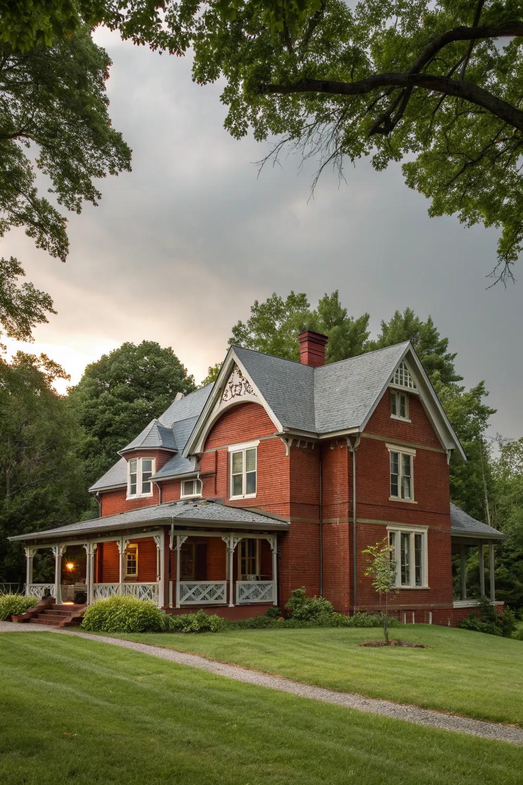 Shell trim offers a subtle and serene complement to crimson brick.