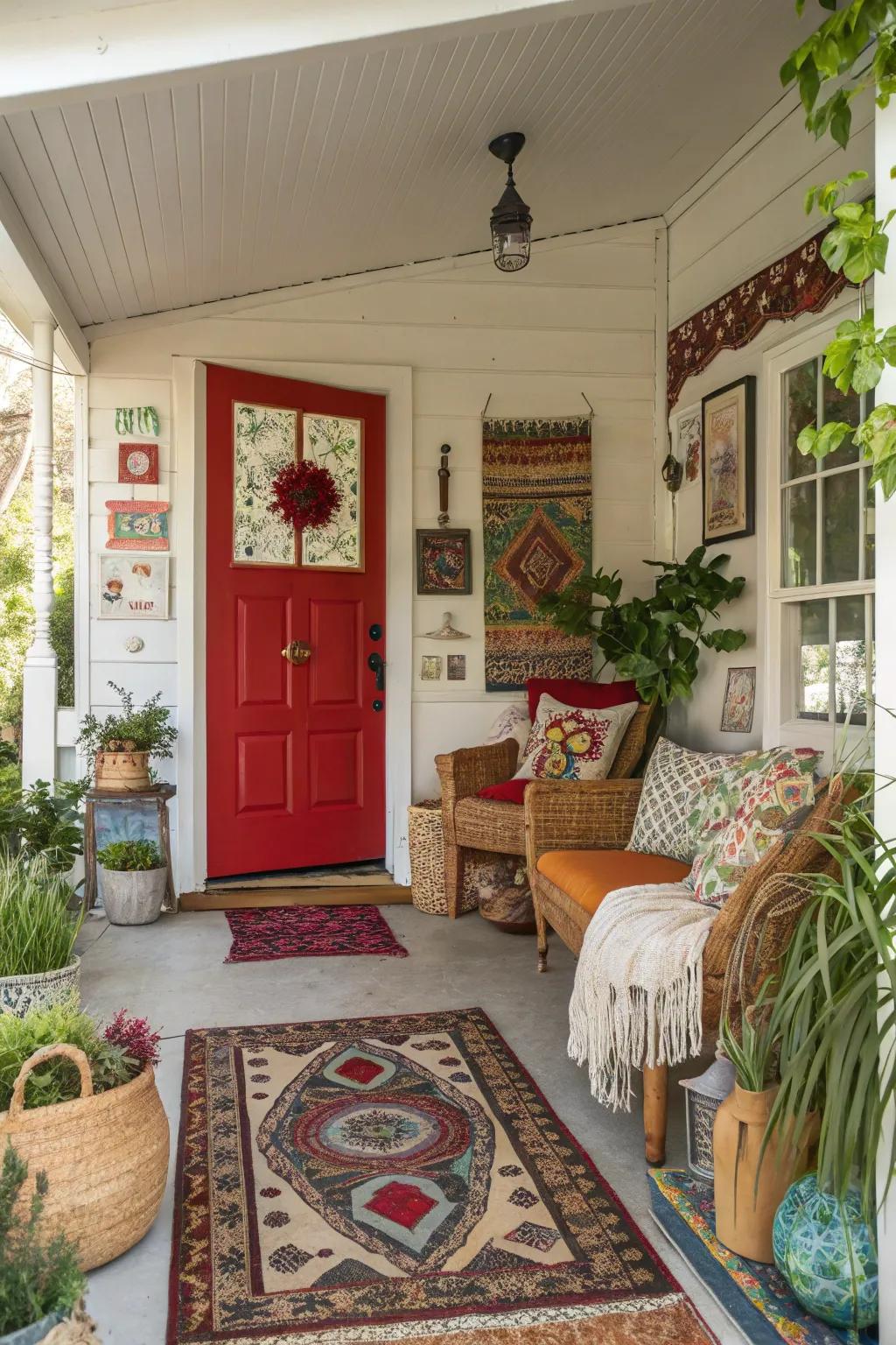 Bohemian home with a scarlet door, full of artistic charm.