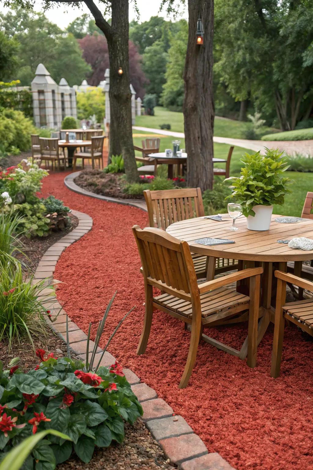 Garnet ground cover emphasizes exterior dining zones, rendering meals feeling special.