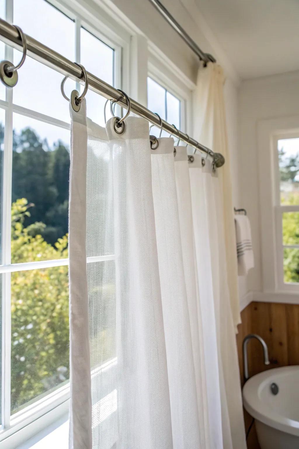 Adhesive hooks provide a simple solution for sheer curtain hanging.