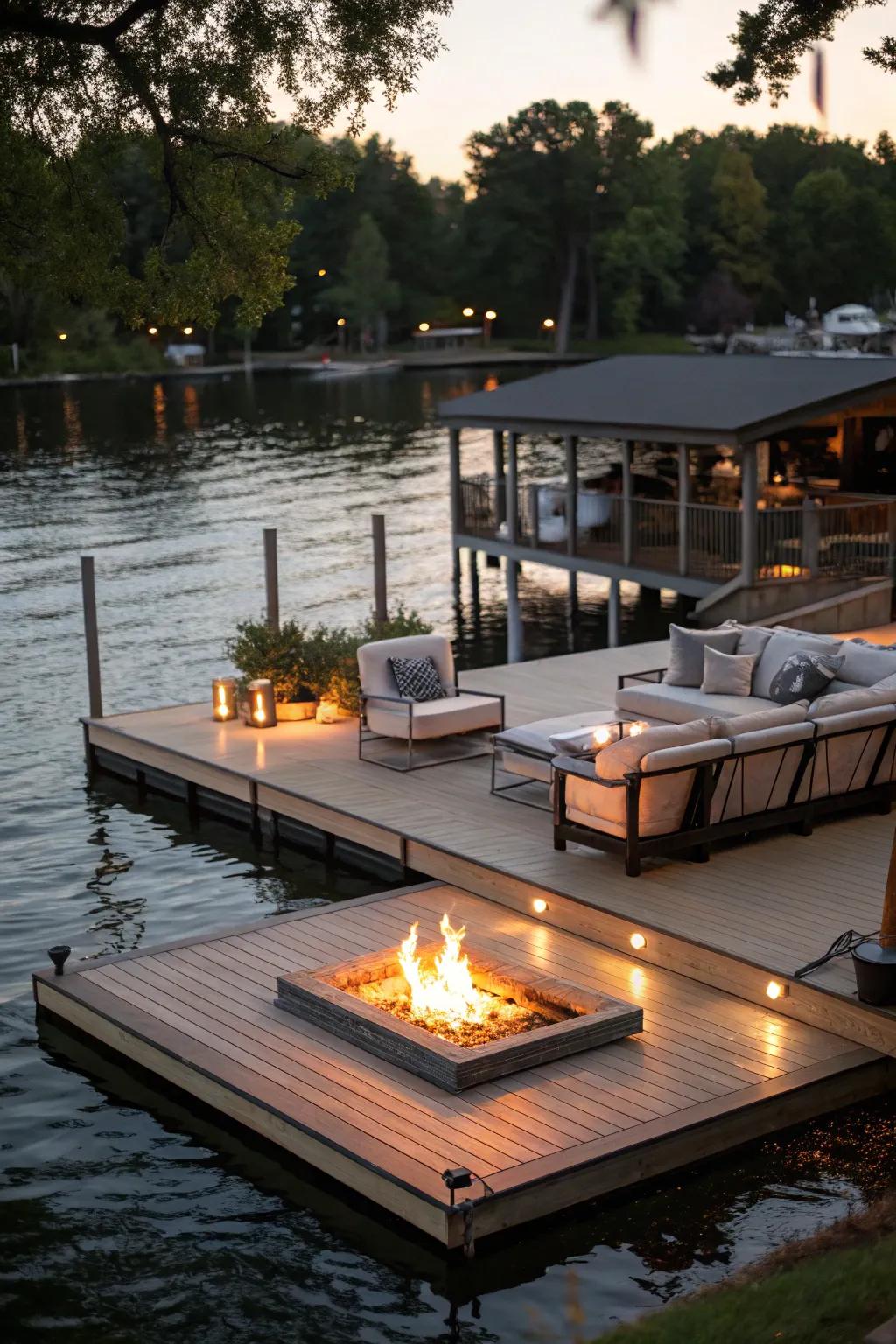A dock featuring a fire pit to keep evenings cozy and inviting.