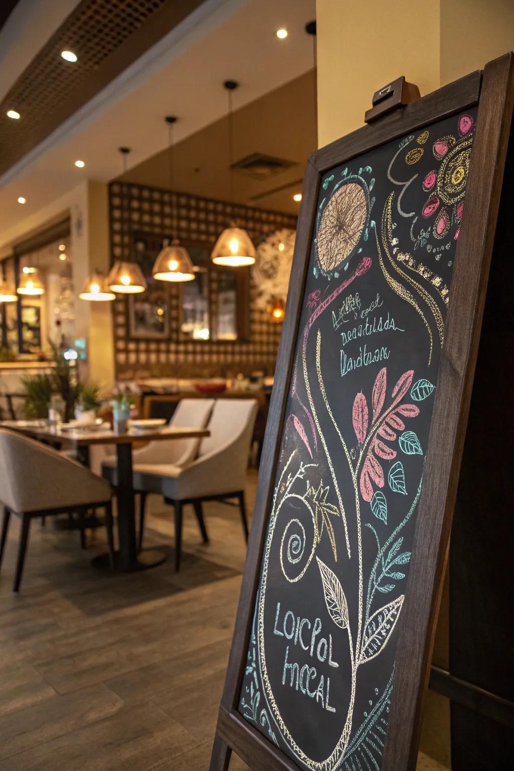 A chalkboard featuring unique designs created by a local artist, adding a creative flair to the ambiance.