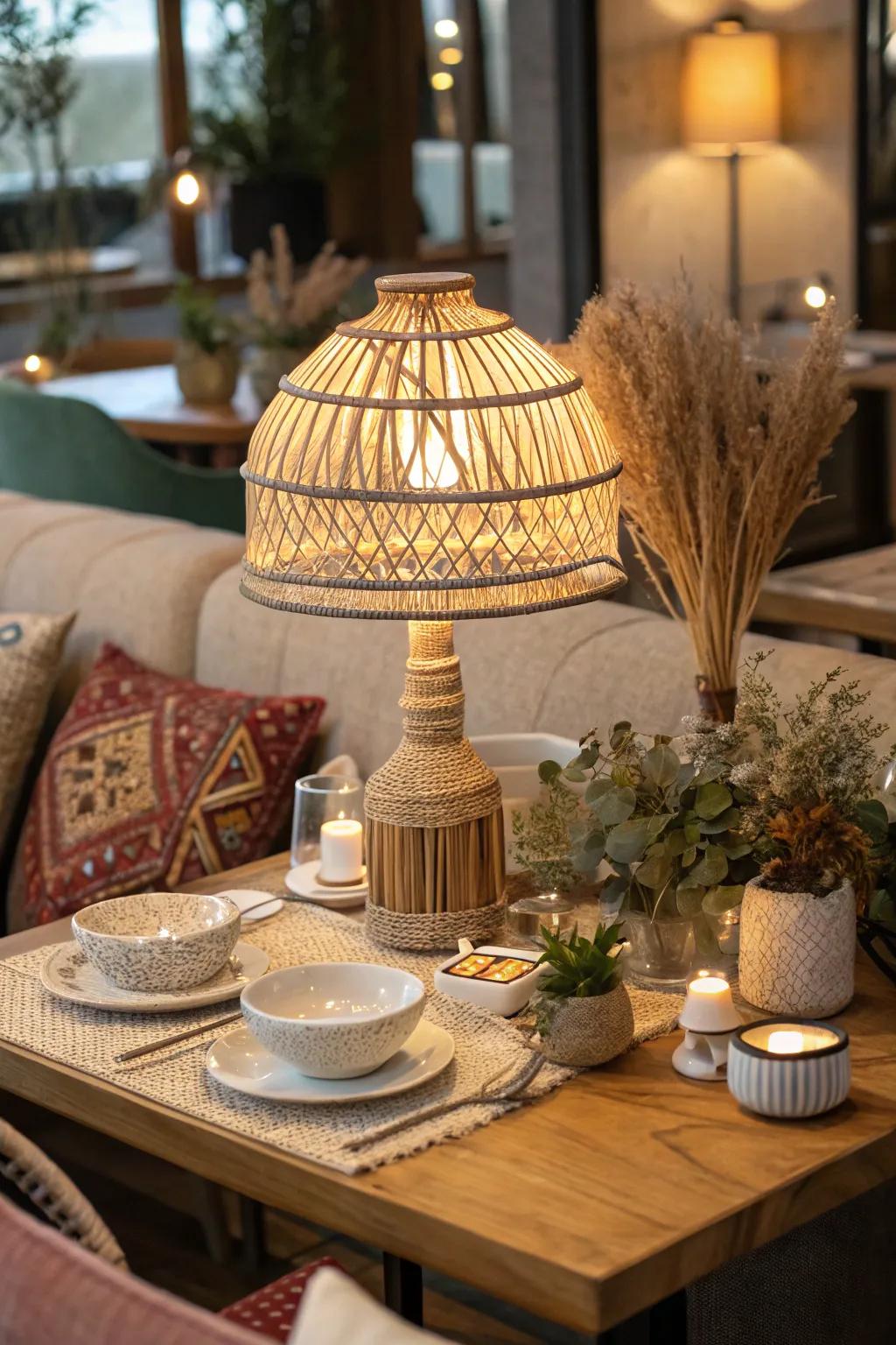 A woven table lamp on a restaurant table with bohemian decor elements.