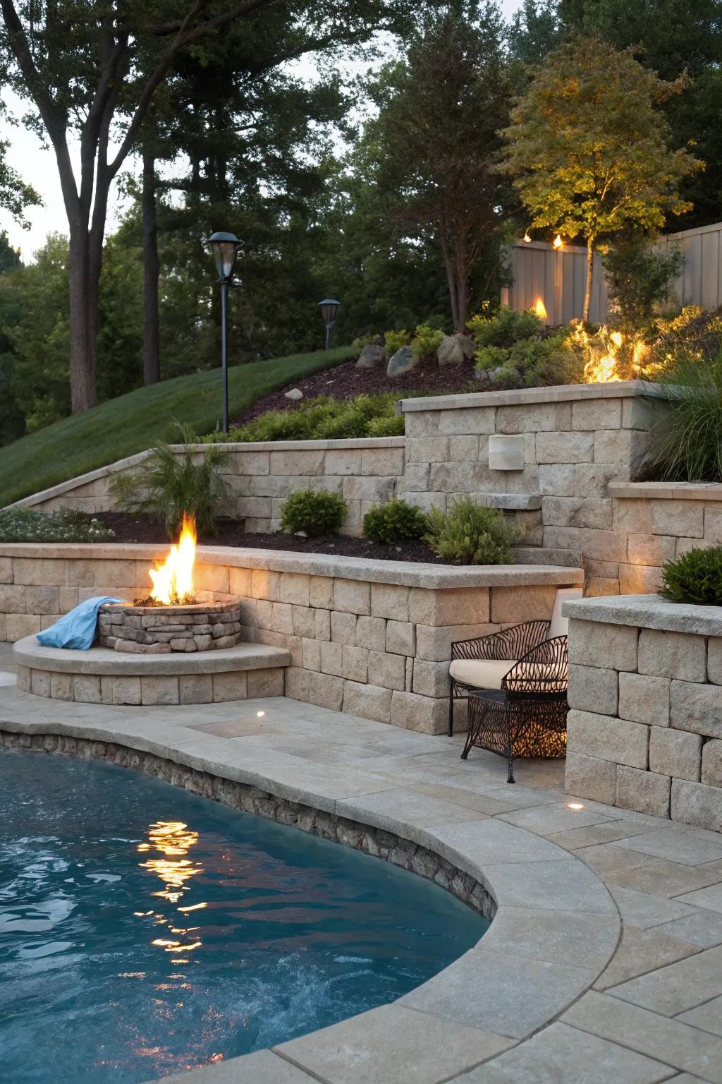Retaining wall with a fire pit for evening warmth.