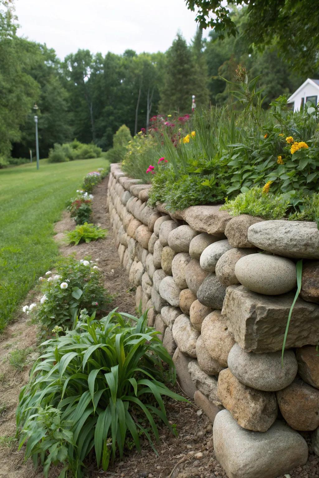 A smooth stone support wall blends function with organic beauty in the garden.