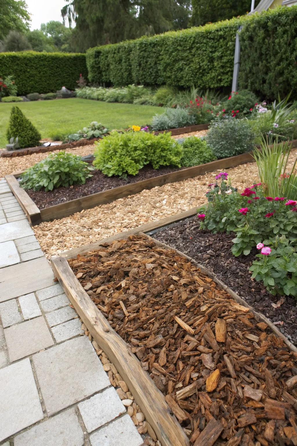 Different groundcover types add texture and depth to the garden.
