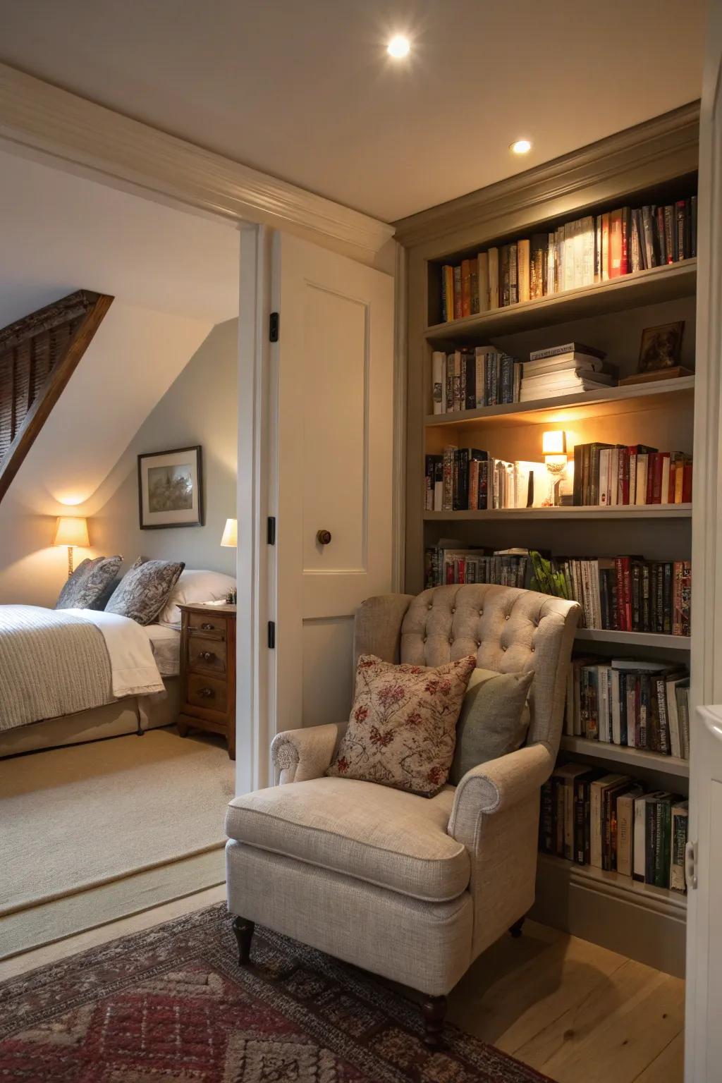 A hidden nook offers a cozy escape within the bedroom setting.