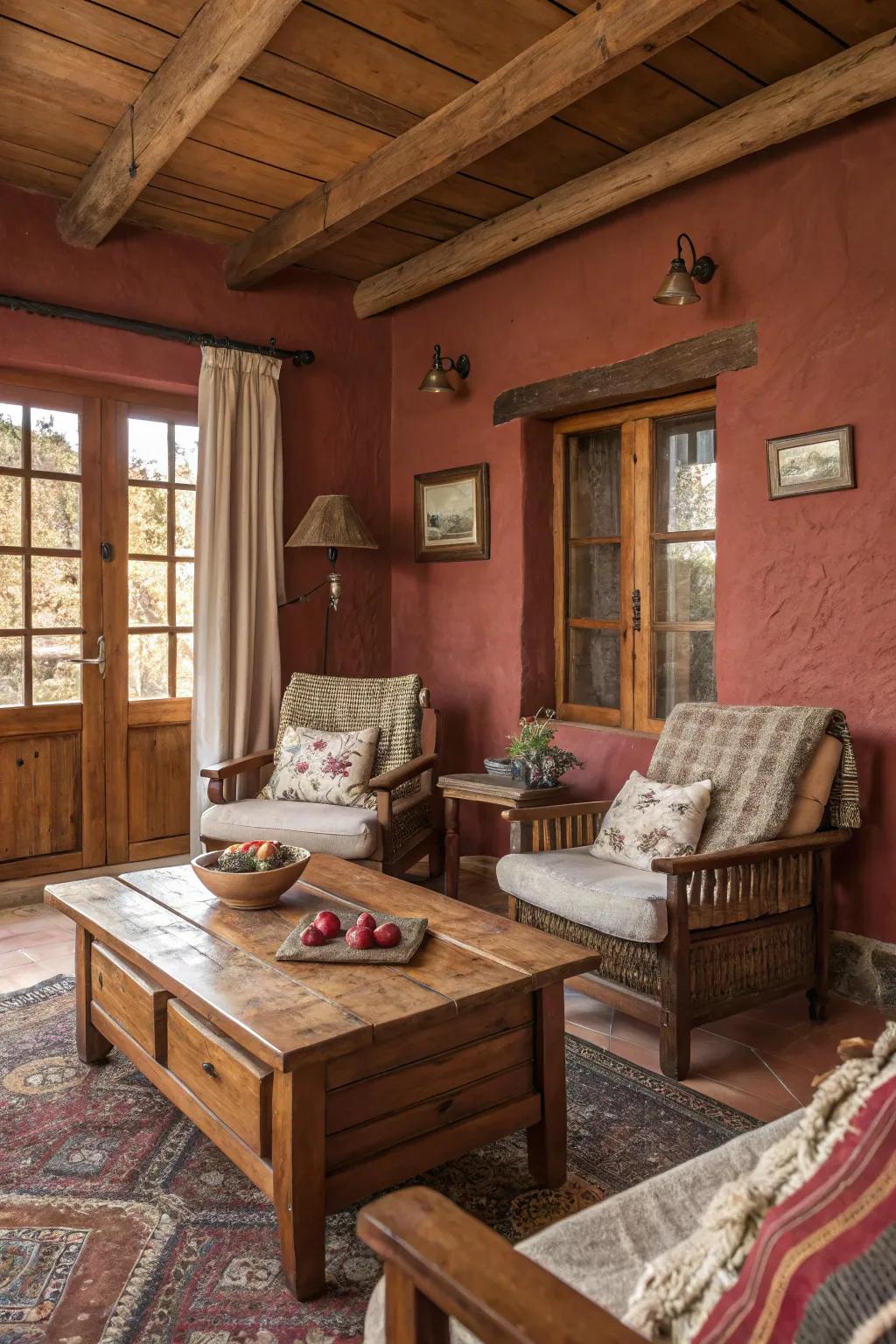 A rustic living room with muted red walls and cozy charm.