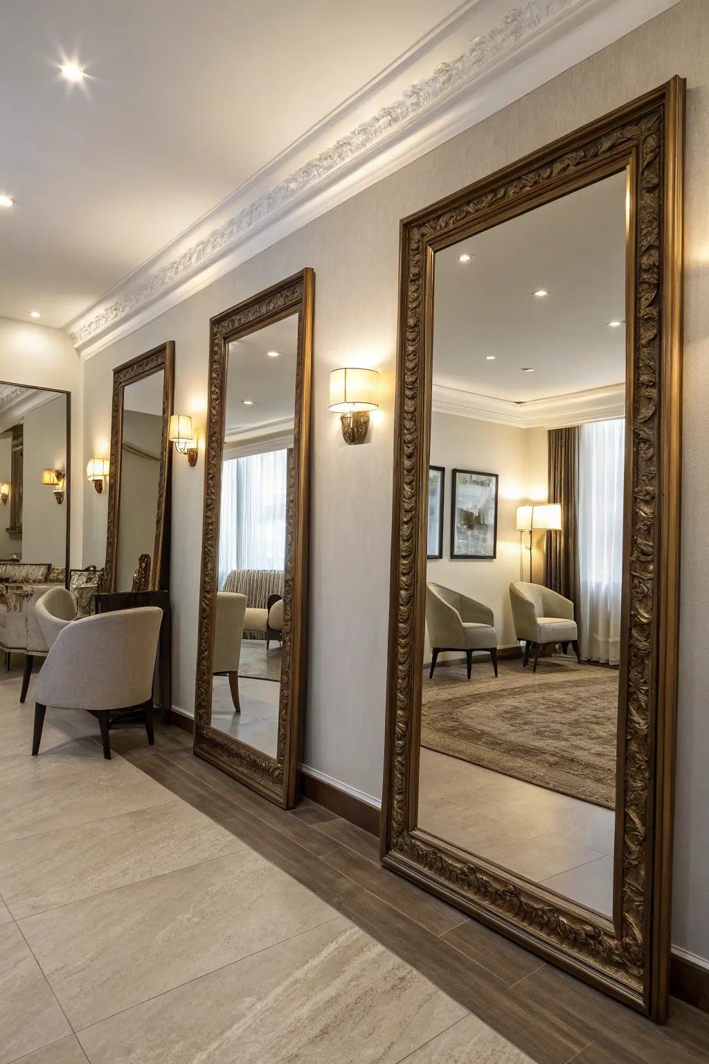 Mirrors enhance the room's space and brightness.