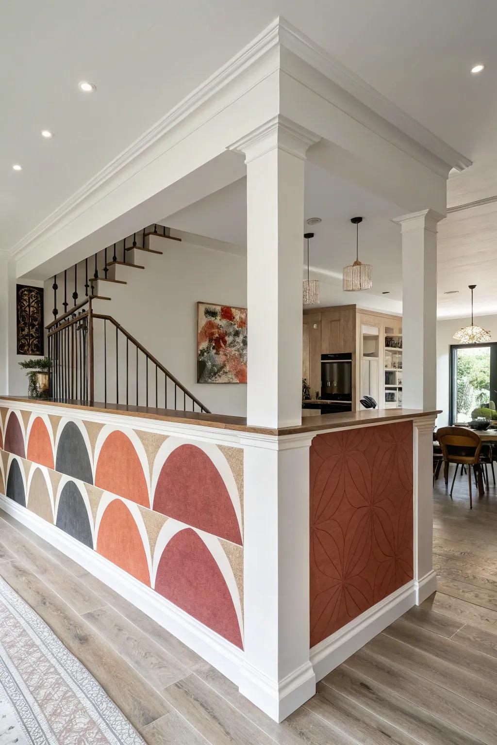 An interior featuring a partial wall designed with bold, unusual forms as a striking focal point.