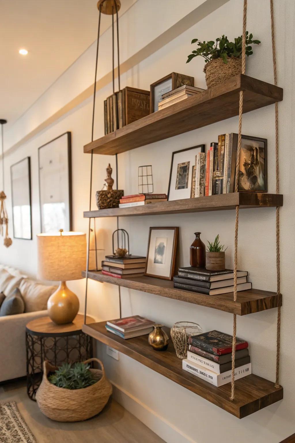 Wall mounted shelves provide stylish storage solutions.