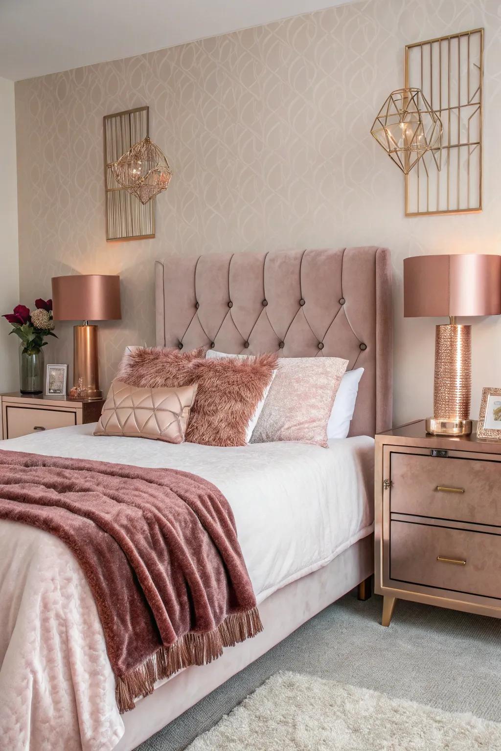 Pink-tinted gold decorative accents add a touch of glamour to the bedroom.